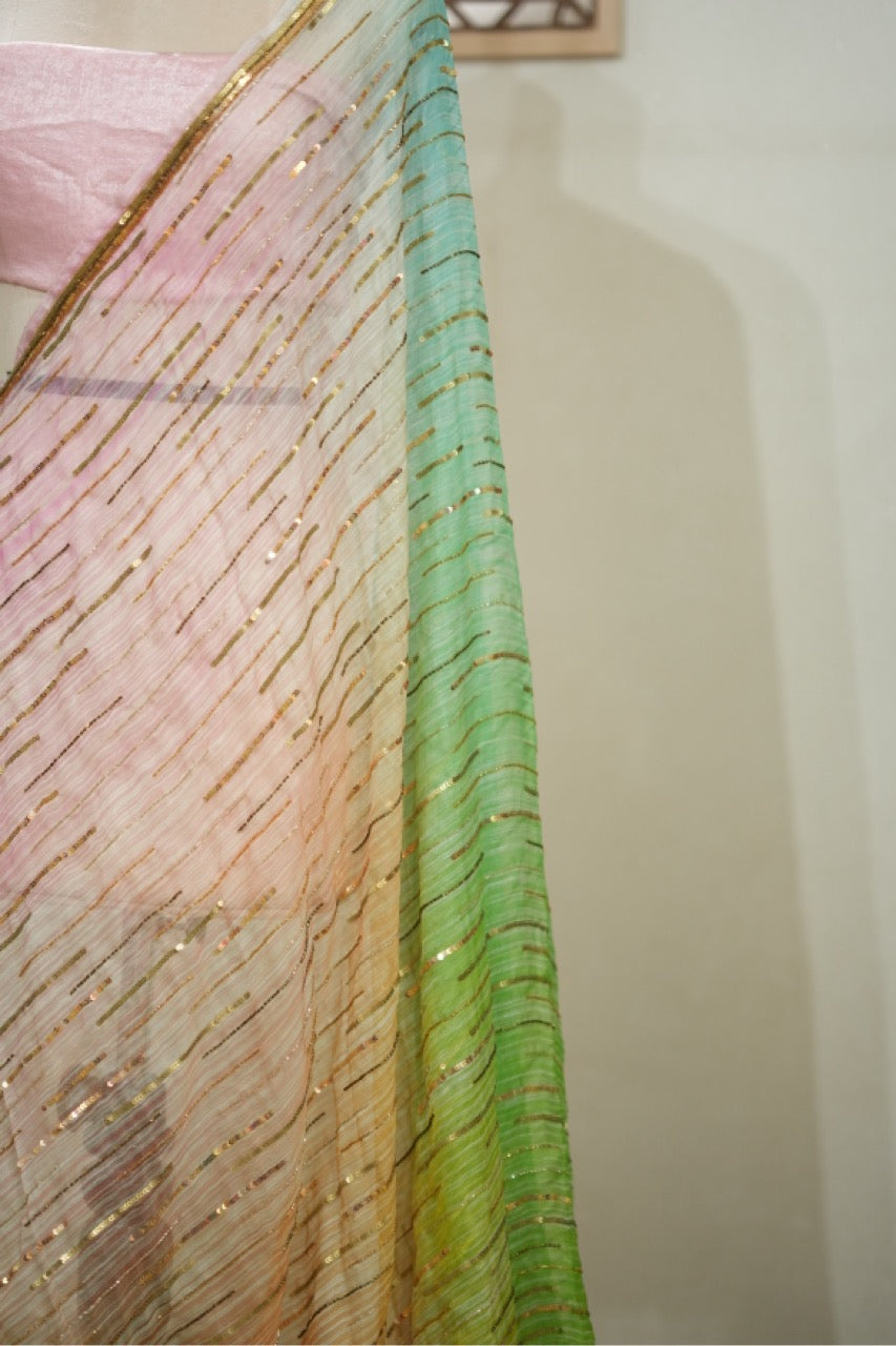 Popsicle: Pure Silk Ombre Organza Saree with Luxury Handwork | Pink Premium Imported Satin Blouse