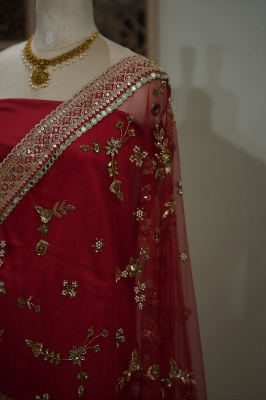 Mithra: Red Bridal Handwork Softnet Saree