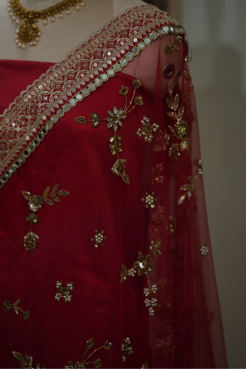 Mithra: Red Bridal Handwork Softnet Saree