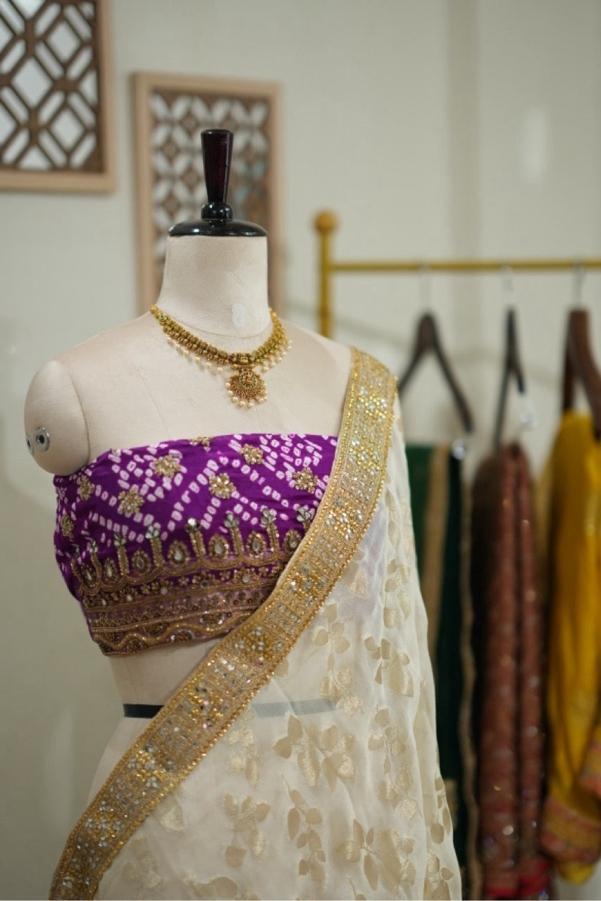 Aisha: Ivory Jute Jacquard Saree with Purple Pure Silk Handwoven Bandhani Blouse with handwork