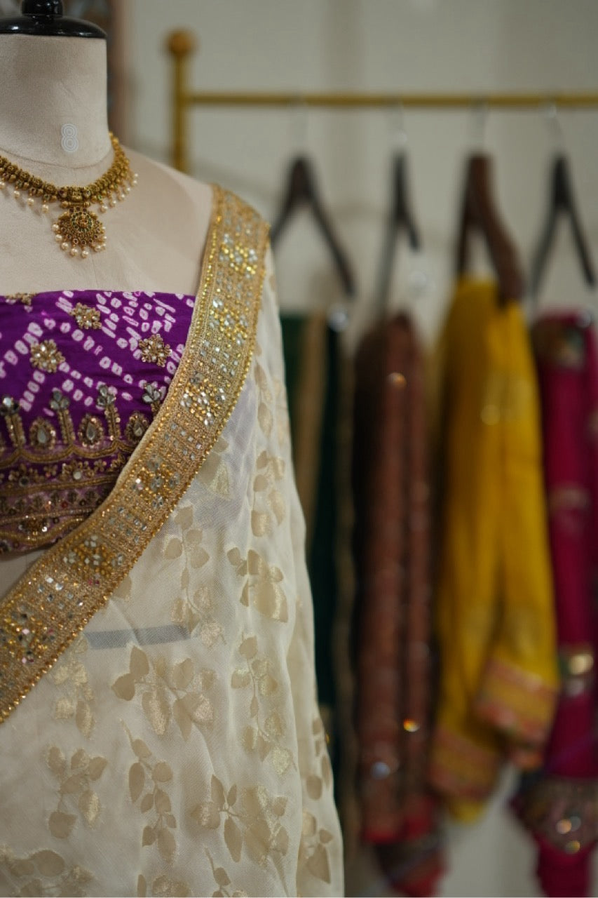 Aisha: Ivory Jute Jacquard Saree with Purple Pure Silk Handwoven Bandhani Blouse with handwork