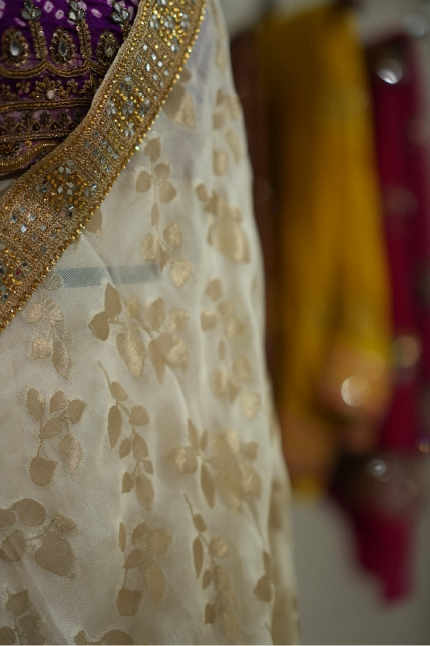 Aisha: Ivory Jute Jacquard Saree with Purple Pure Silk Handwoven Bandhani Blouse with handwork