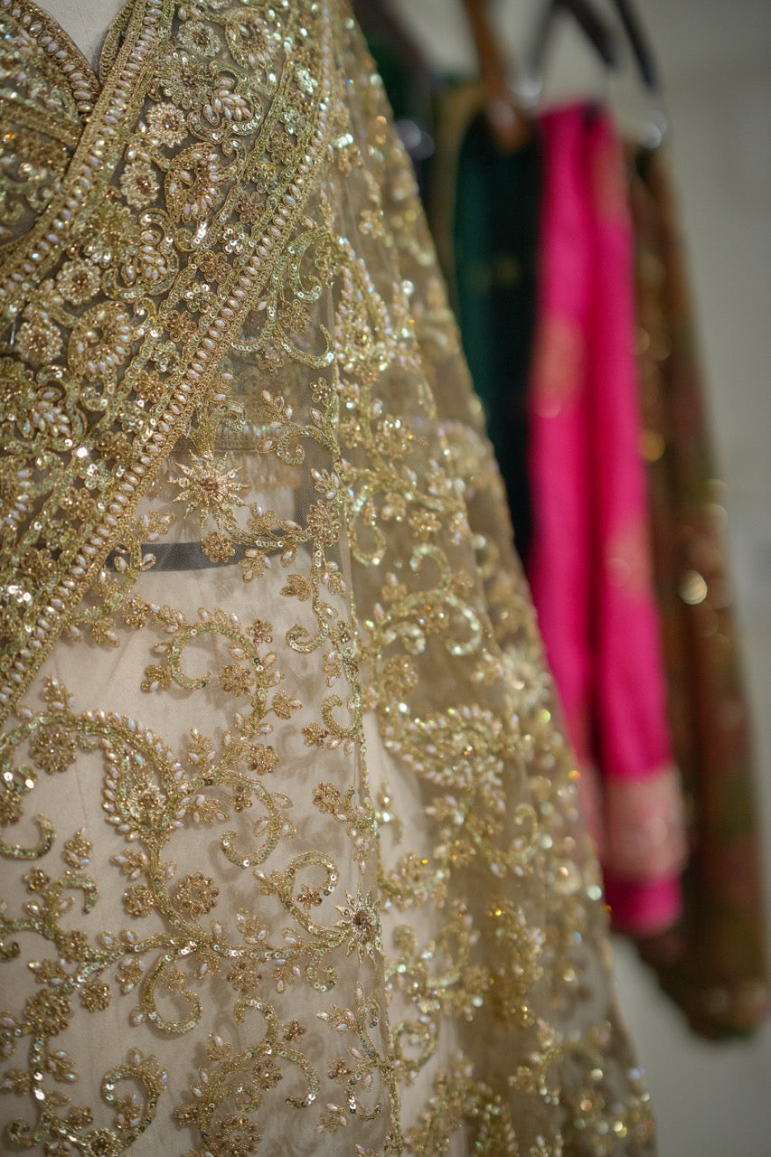 Golden Hue: Golden Softnet Saree and Blouse with handwork
