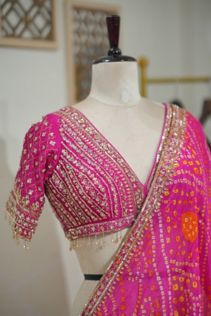 Hibiscus: Pink Bandhani saree and Blouse with handwork
