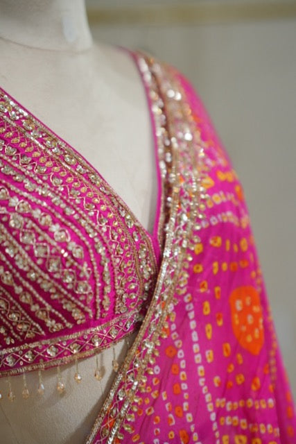 Hibiscus: Pink Bandhani saree and Blouse with handwork