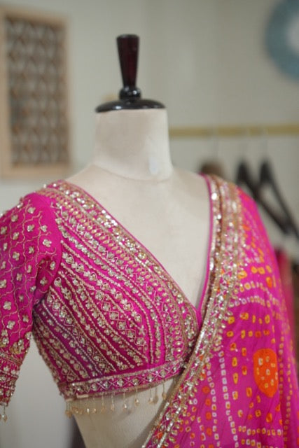 Hibiscus: Pink Bandhani saree and Blouse with handwork