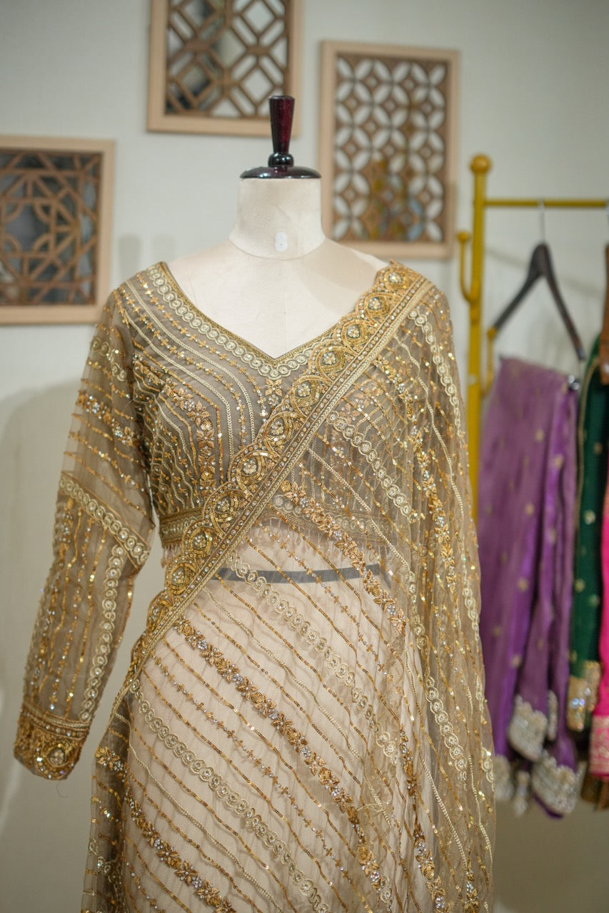 Golden Hour: Golden Softnet Saree and Blouse with handwork