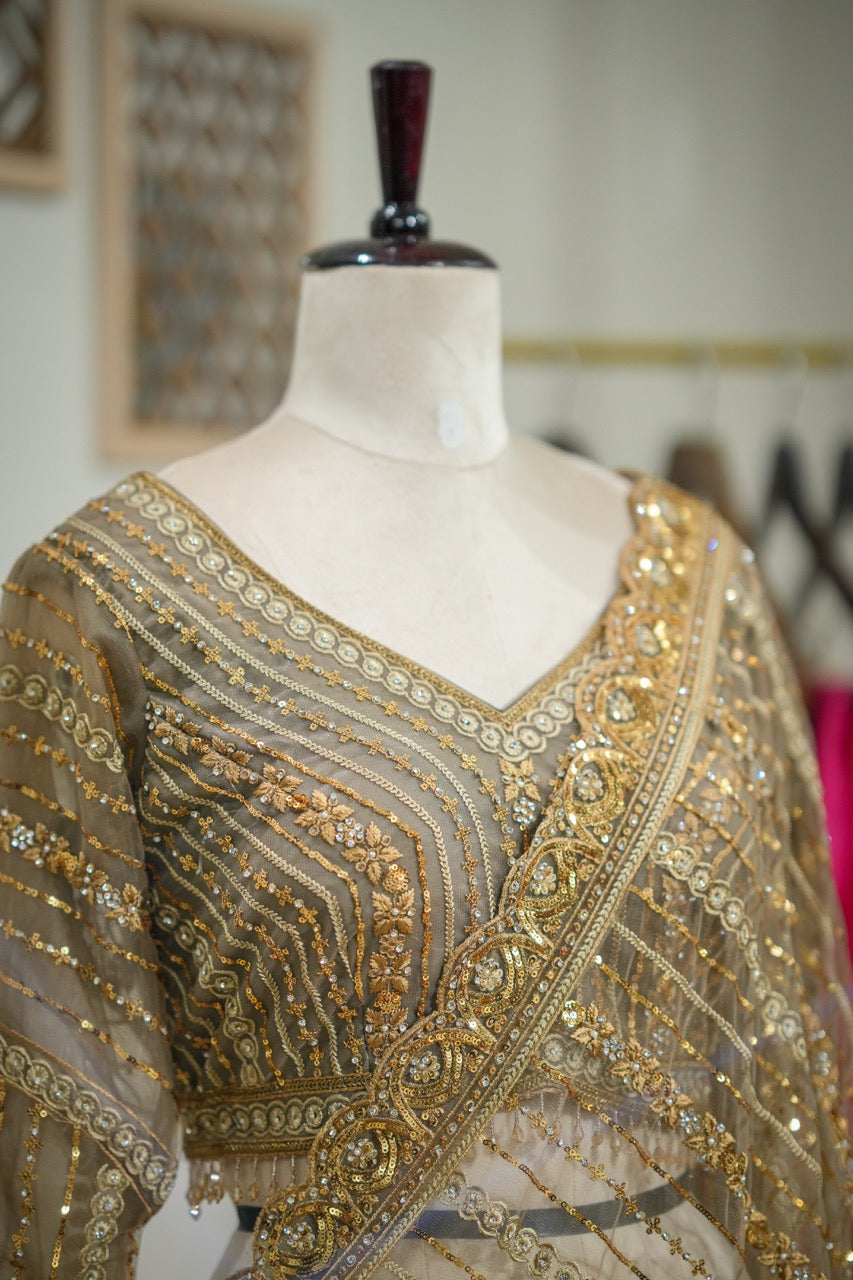 Golden Hour: Golden Softnet Saree and Blouse with handwork
