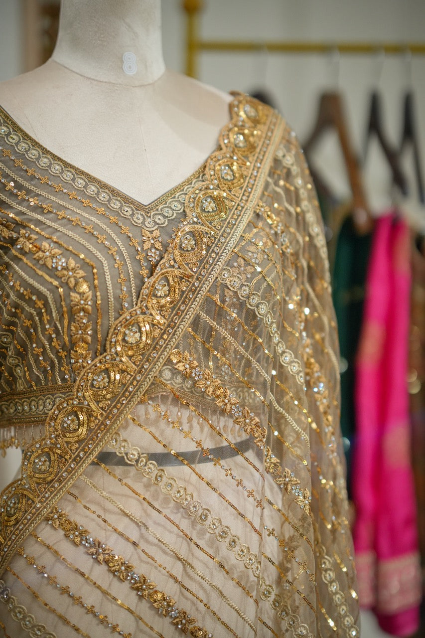 Golden Hour: Golden Softnet Saree and Blouse with handwork