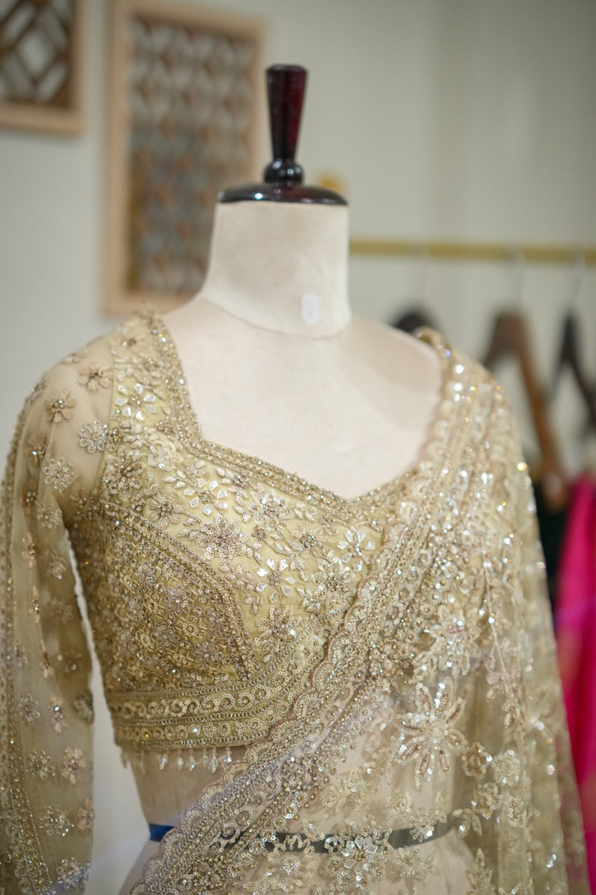 Sonakshi:Golden Softnet Saree and Blouse with handwork