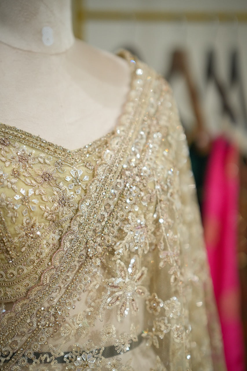 Sonakshi:Golden Softnet Saree and Blouse with handwork