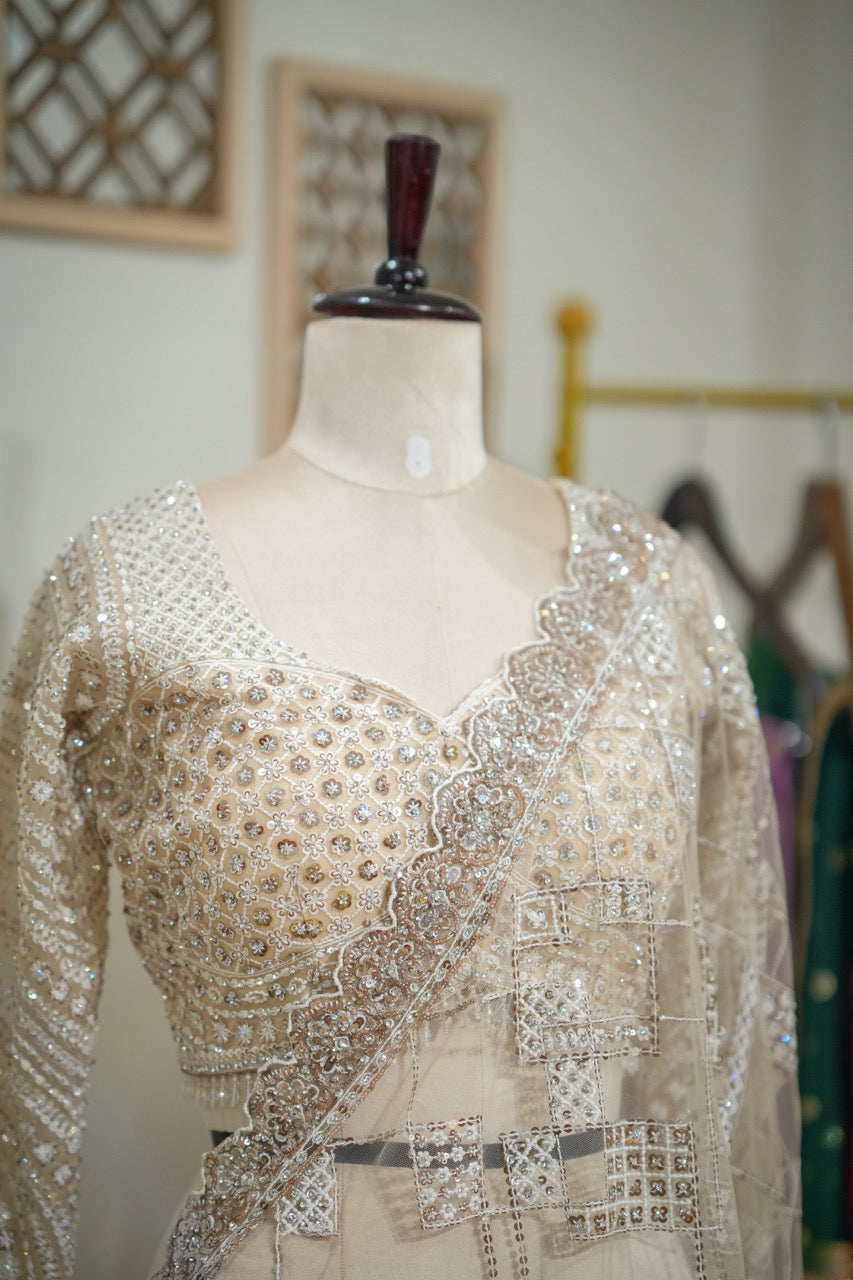 Tusker: Ivory Softnet Saree with Handwork paired with self handwork blouse.