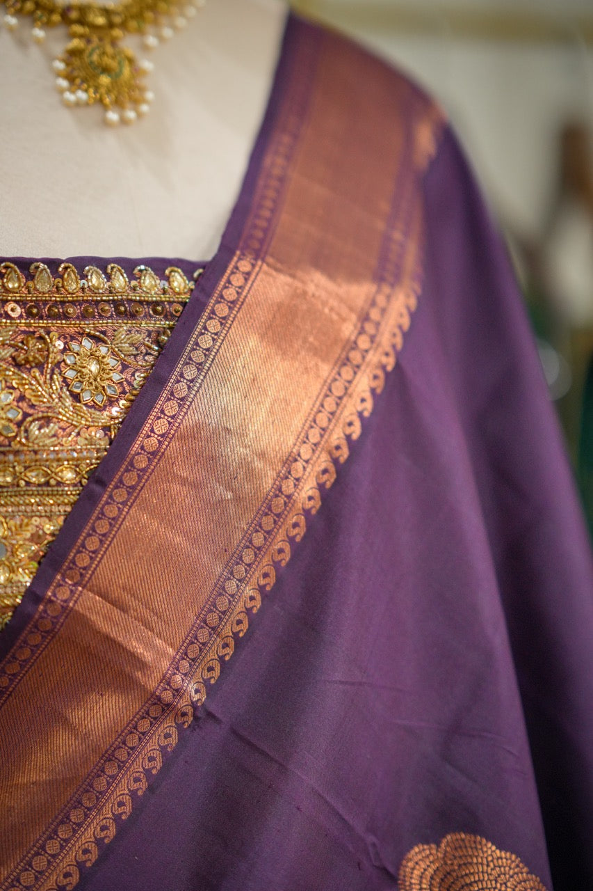 Bhavani: Purple Handwoven Kanjeevaram Saree with Handwork on Blouse