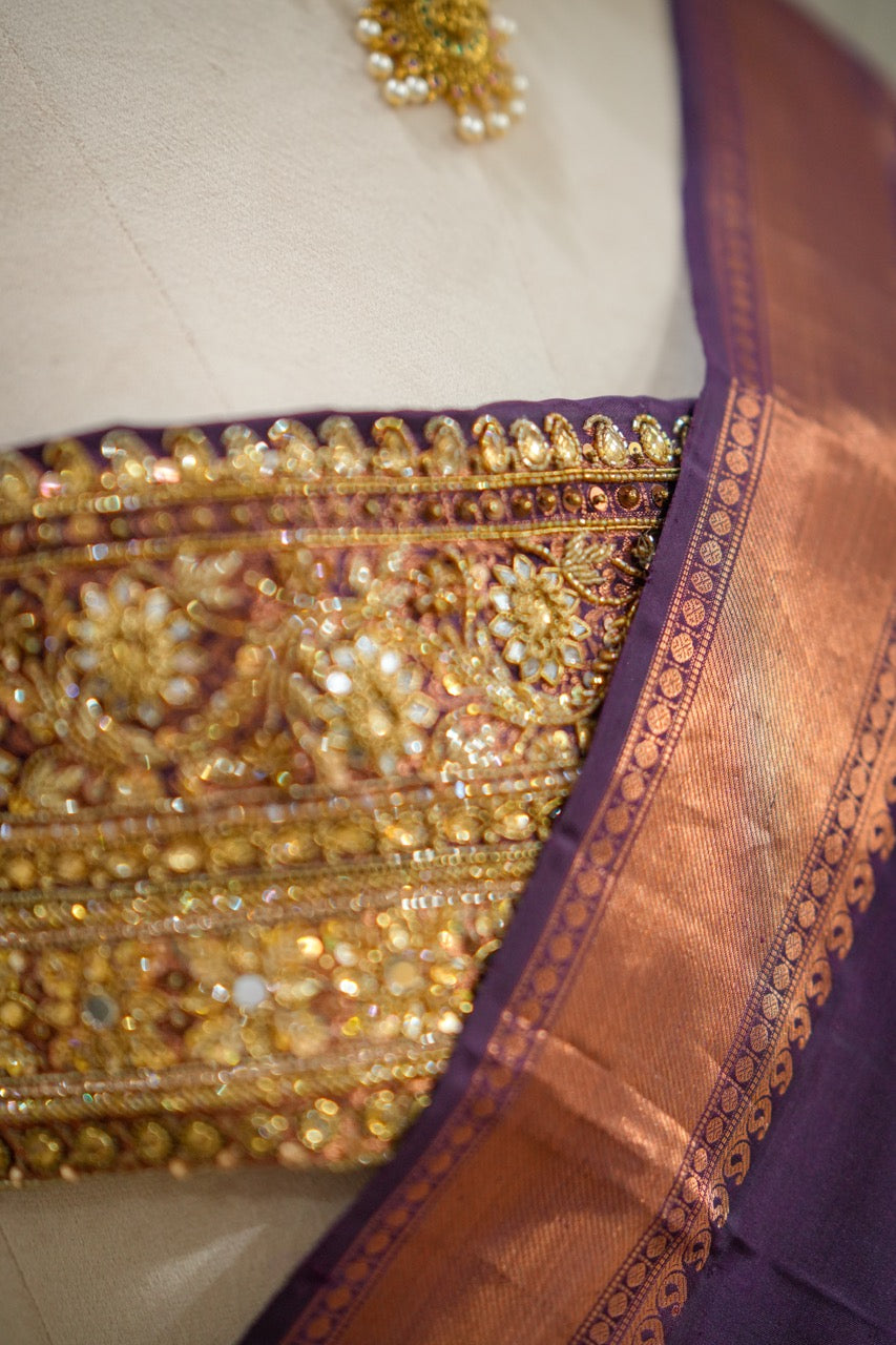 Bhavani: Purple Handwoven Kanjeevaram Saree with Handwork on Blouse