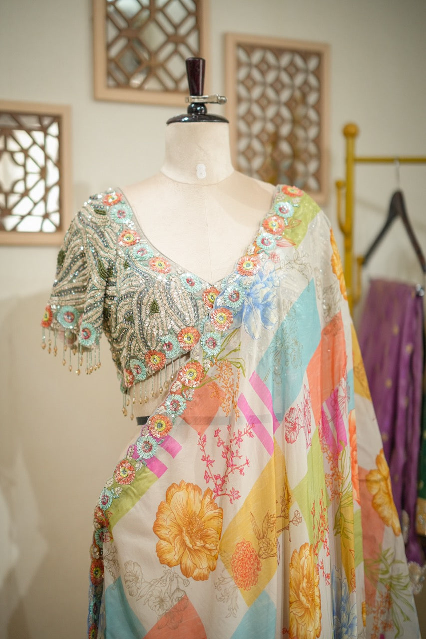 Rang: Multi Colour Handwork Organza saree with Self Heavy intricate handwork Blouse