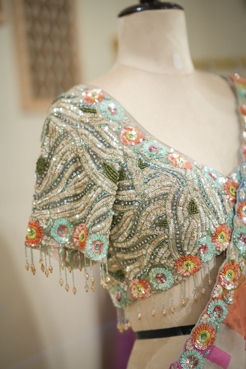 Rang: Multi Colour Handwork Organza saree with Self Heavy intricate handwork Blouse