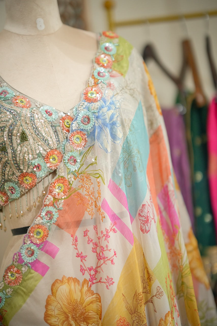 Rang: Multi Colour Handwork Organza saree with Self Heavy intricate handwork Blouse