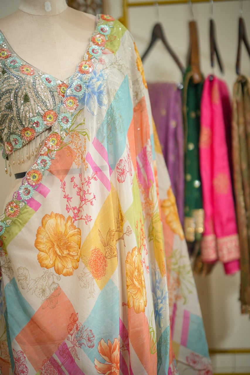 Rang: Multi Colour Handwork Organza saree with Self Heavy intricate handwork Blouse