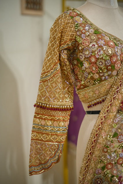 Eden : Golden Orange Luxury Handwork Soft Net Saree with Self Blouse