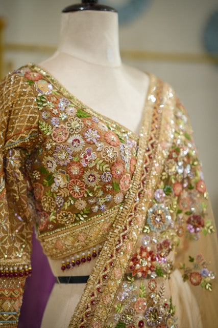 Eden : Golden Orange Luxury Handwork Soft Net Saree with Self Blouse