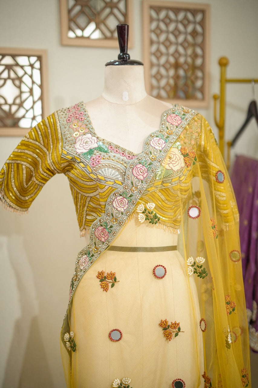 Savera : Yellow Luxury Handwork Soft Net Saree with self blouse