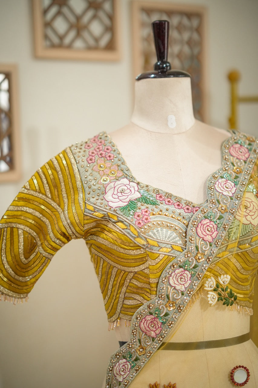 Savera : Yellow Luxury Handwork Soft Net Saree with self blouse
