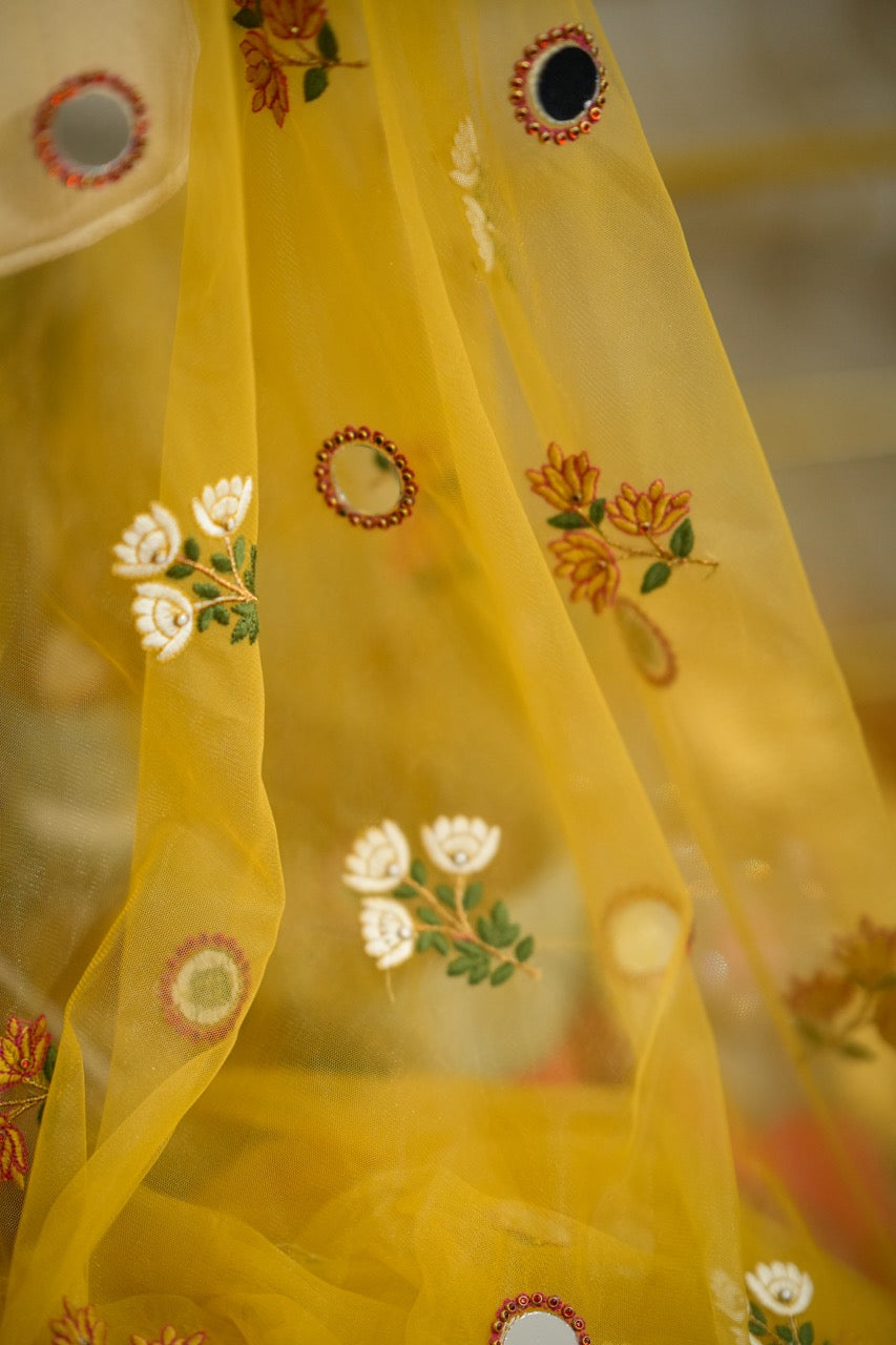 Savera : Yellow Luxury Handwork Soft Net Saree with self blouse