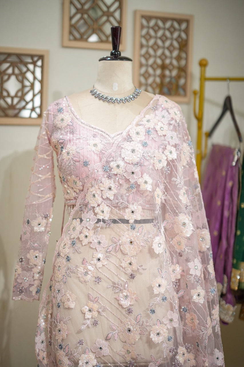Cloud 9: Dust Pink Luxury Handwork Soft Net Saree with self blouse.