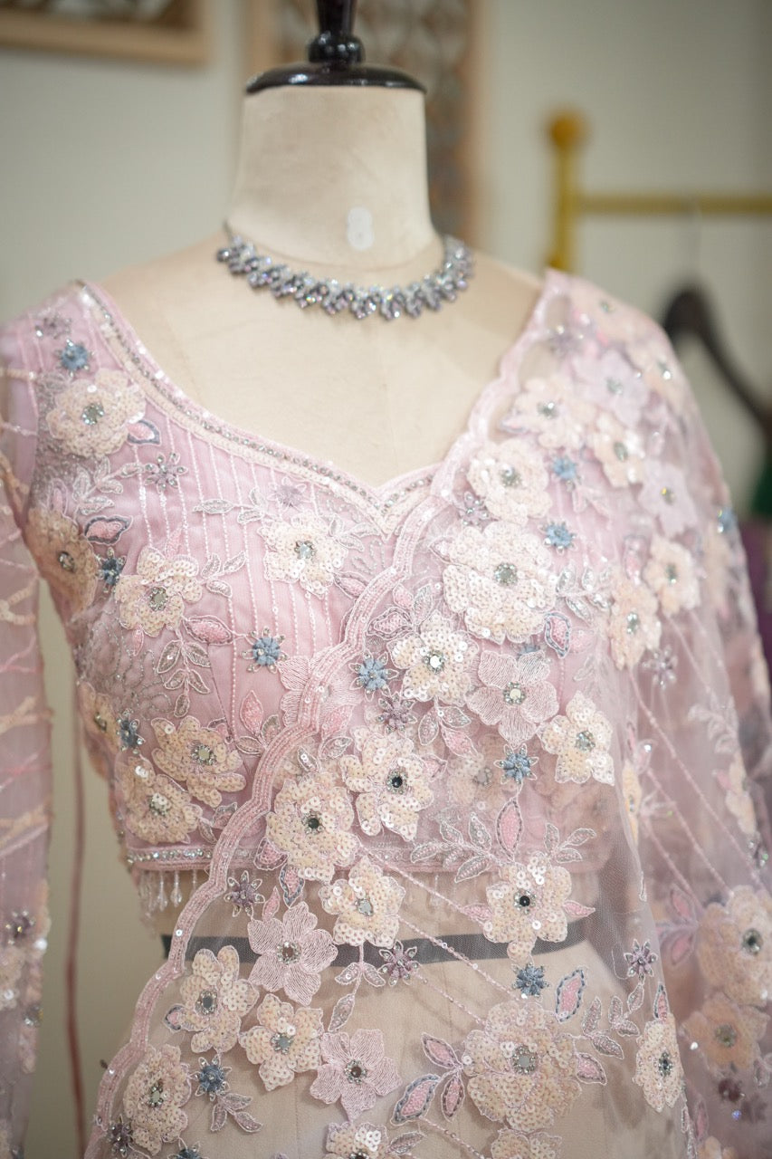 Cloud 9: Dust Pink Luxury Handwork Soft Net Saree with self blouse.