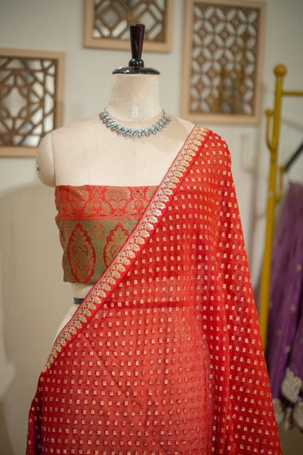 Red Love: Red Jute Jacquard Saree with Brocade Blouse