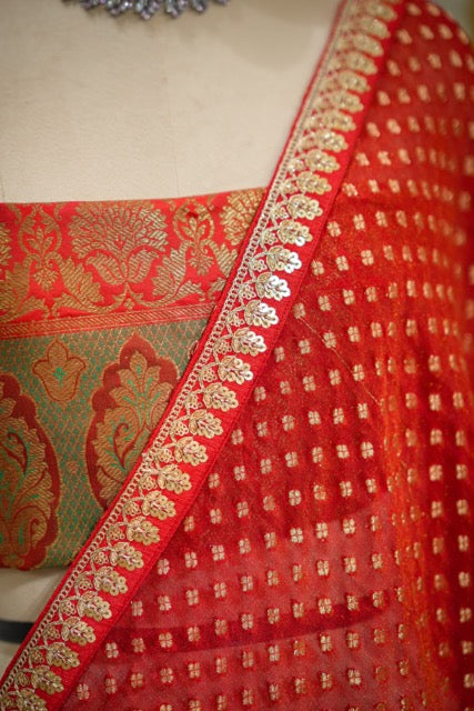 Red Love: Red Jute Jacquard Saree with Brocade Blouse