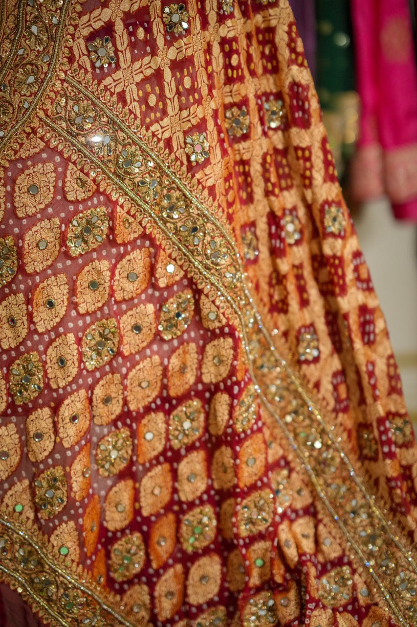 Ruhani: Maroon Pure Silk Handwoven Bandhani Saree with handwork