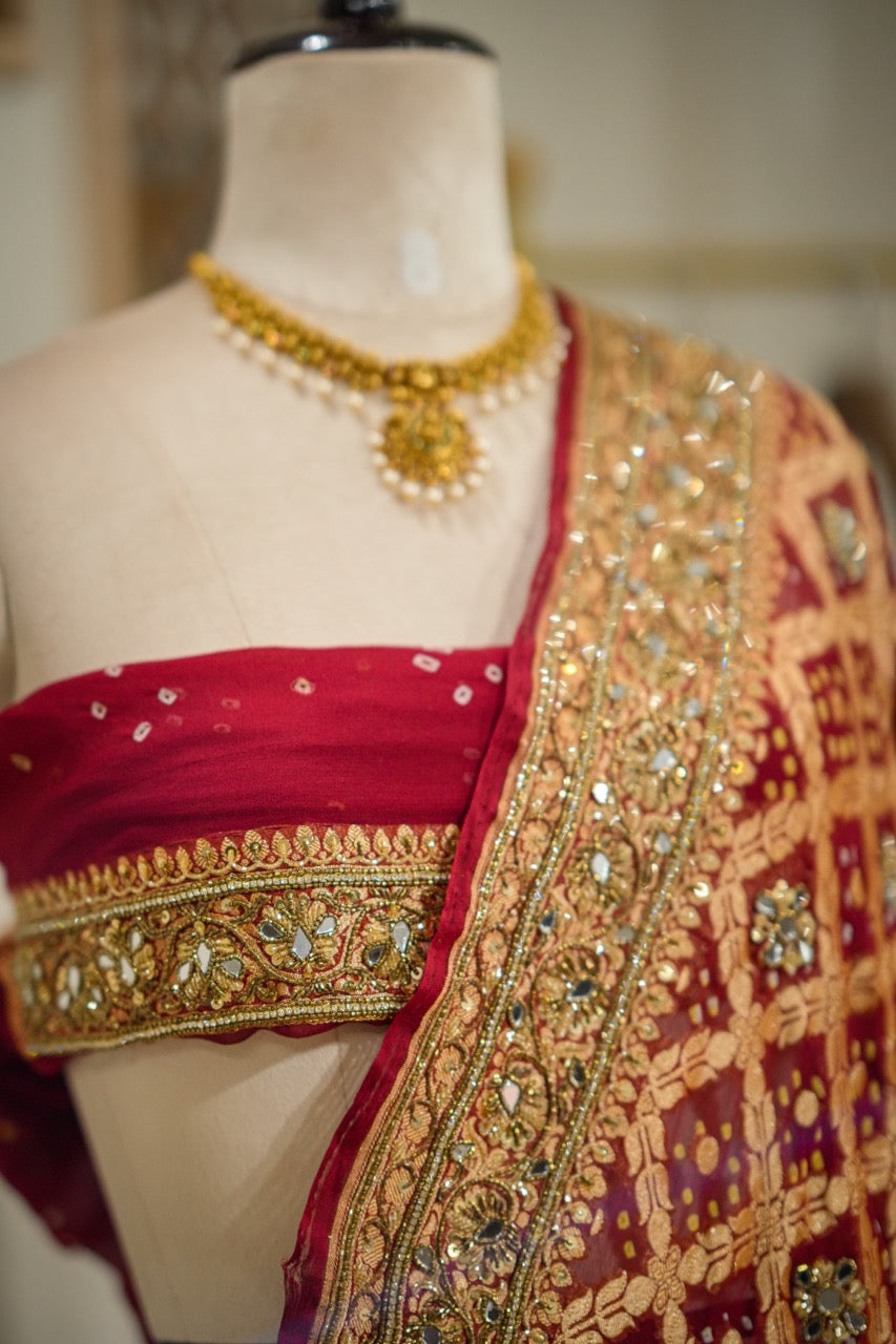 Ruhani: Maroon Pure Silk Handwoven Bandhani Saree with handwork