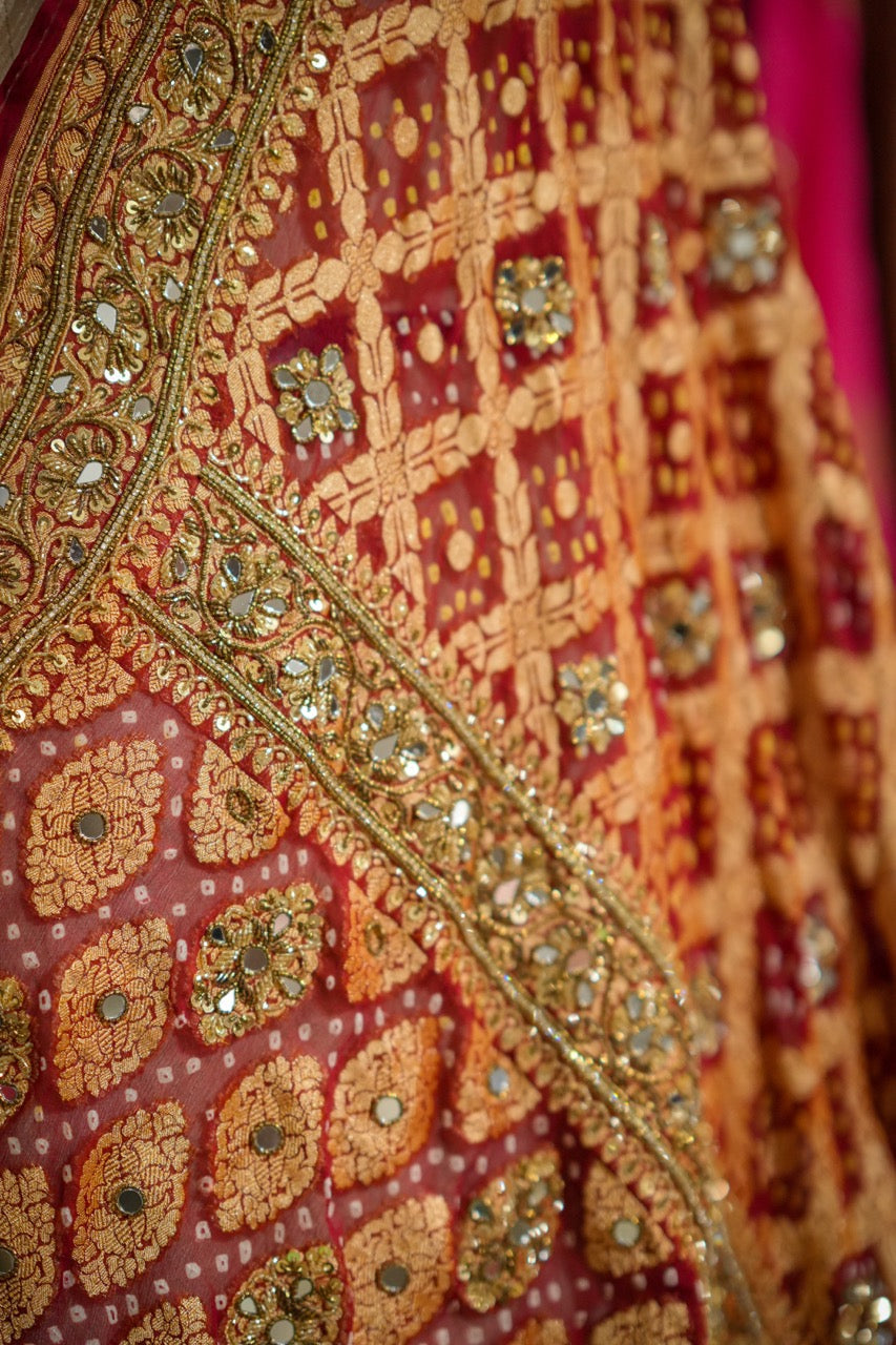 Ruhani: Maroon Pure Silk Handwoven Bandhani Saree with handwork