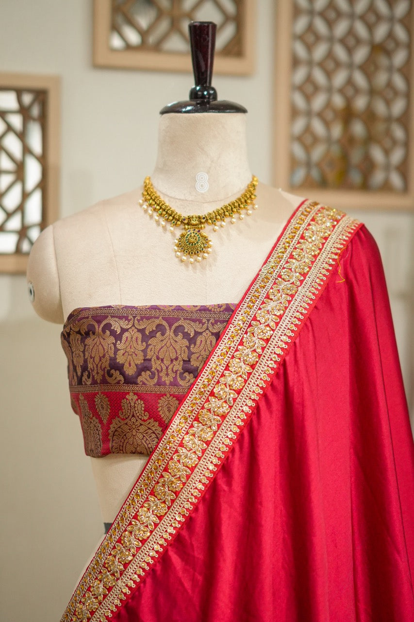 Red Lady: Red Pure Satin Saree with Brocade Blouse