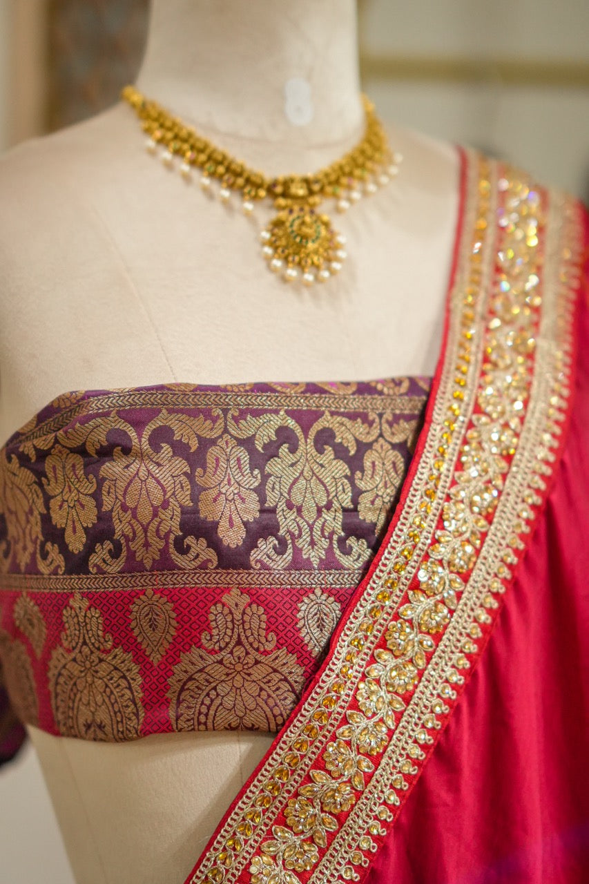 Red Lady: Red Pure Satin Saree with Brocade Blouse