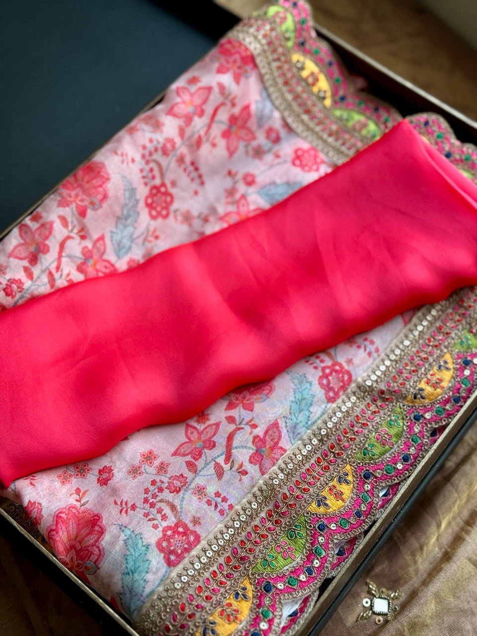 Nekhat: White Floral Cleopatra Chiffon Saree with Pink Satin Blouse
