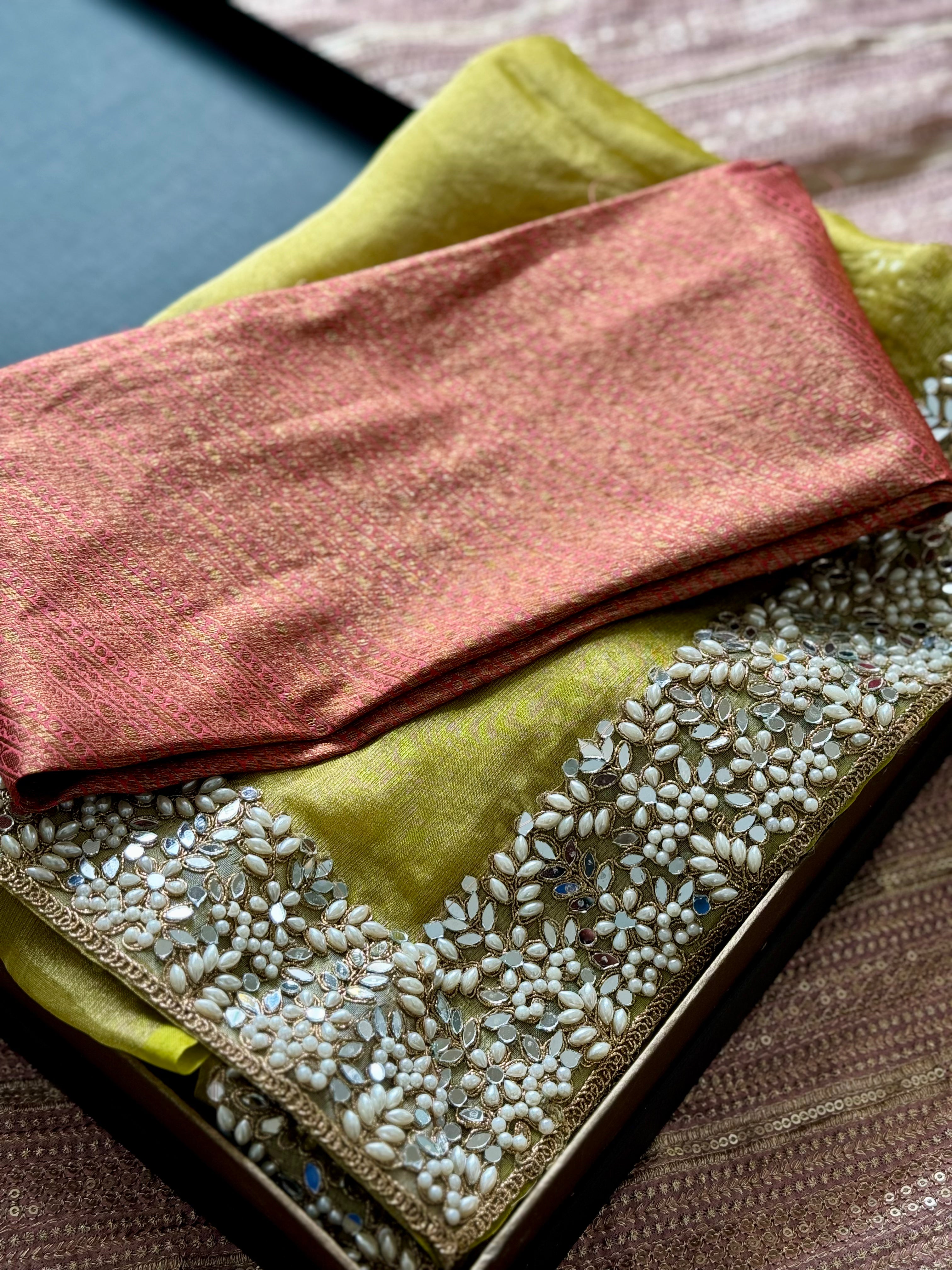 Meadow: Green Pure Silk Tissue With Handwork | Pink Brocade