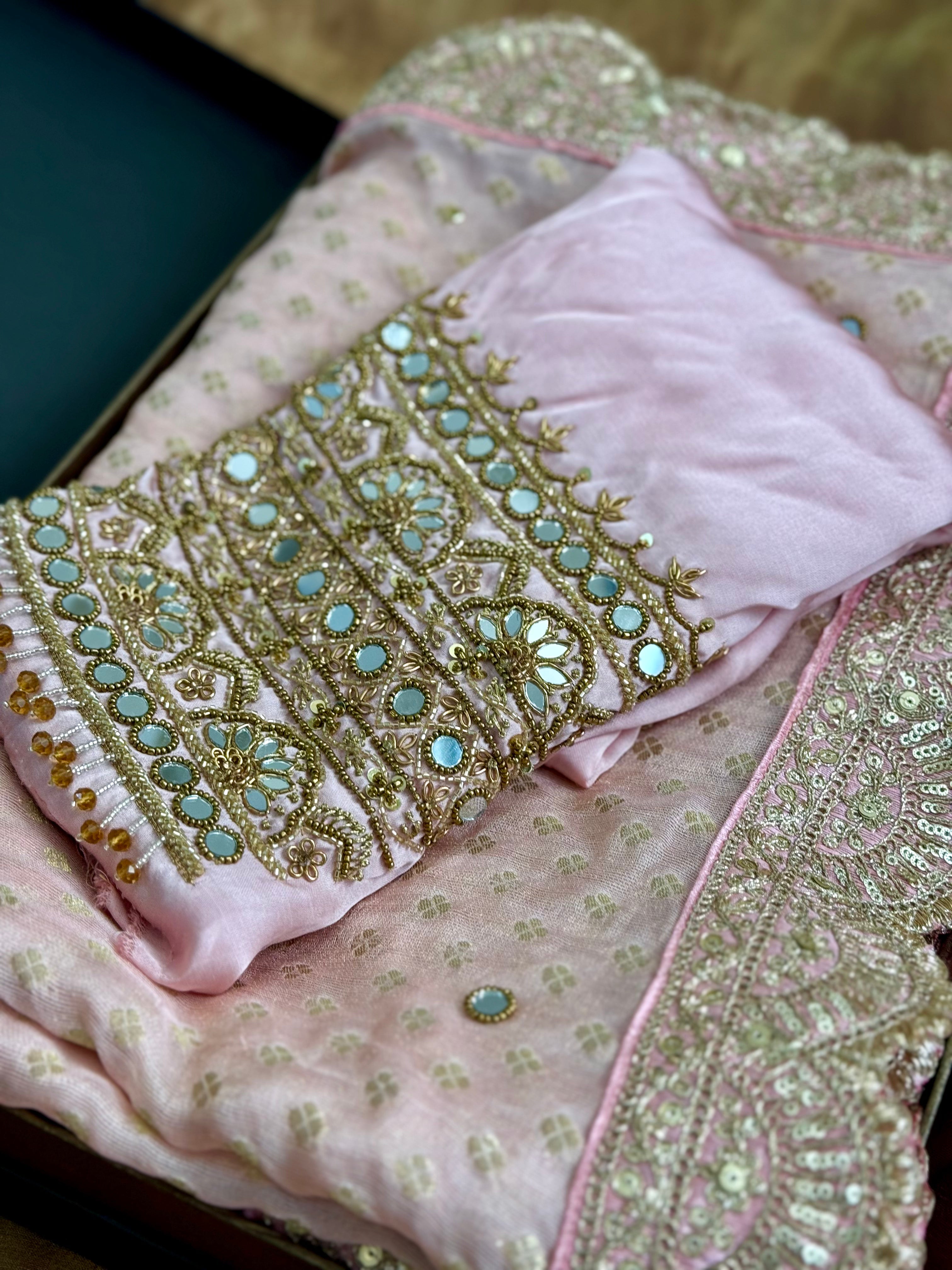 Pink Dust: Pink Jute Jacquard with handwork | Modal Satin Blouse with Handwork