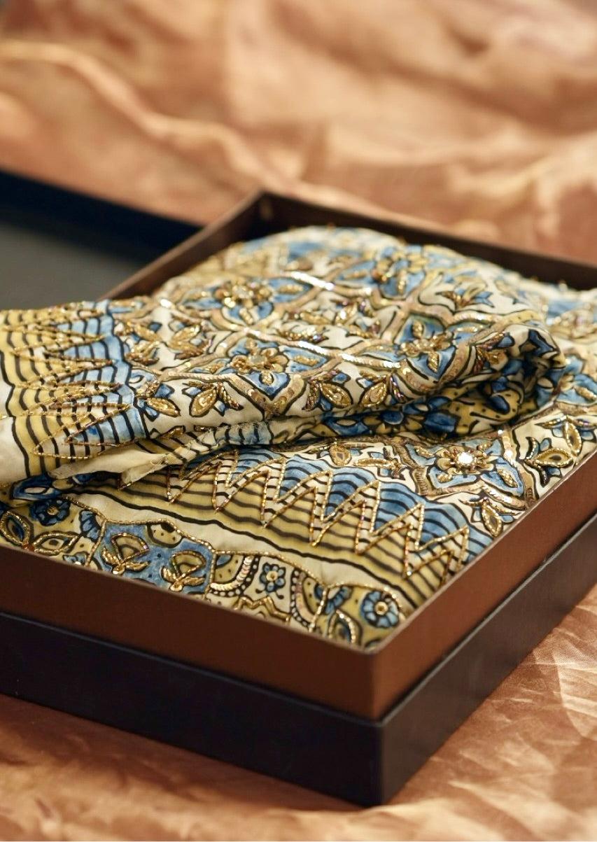 Banana Split: Cream and Blue Ajrakh Hand Block Print Saree on Modal Satin with Handwork | Self Blouse with Handwork