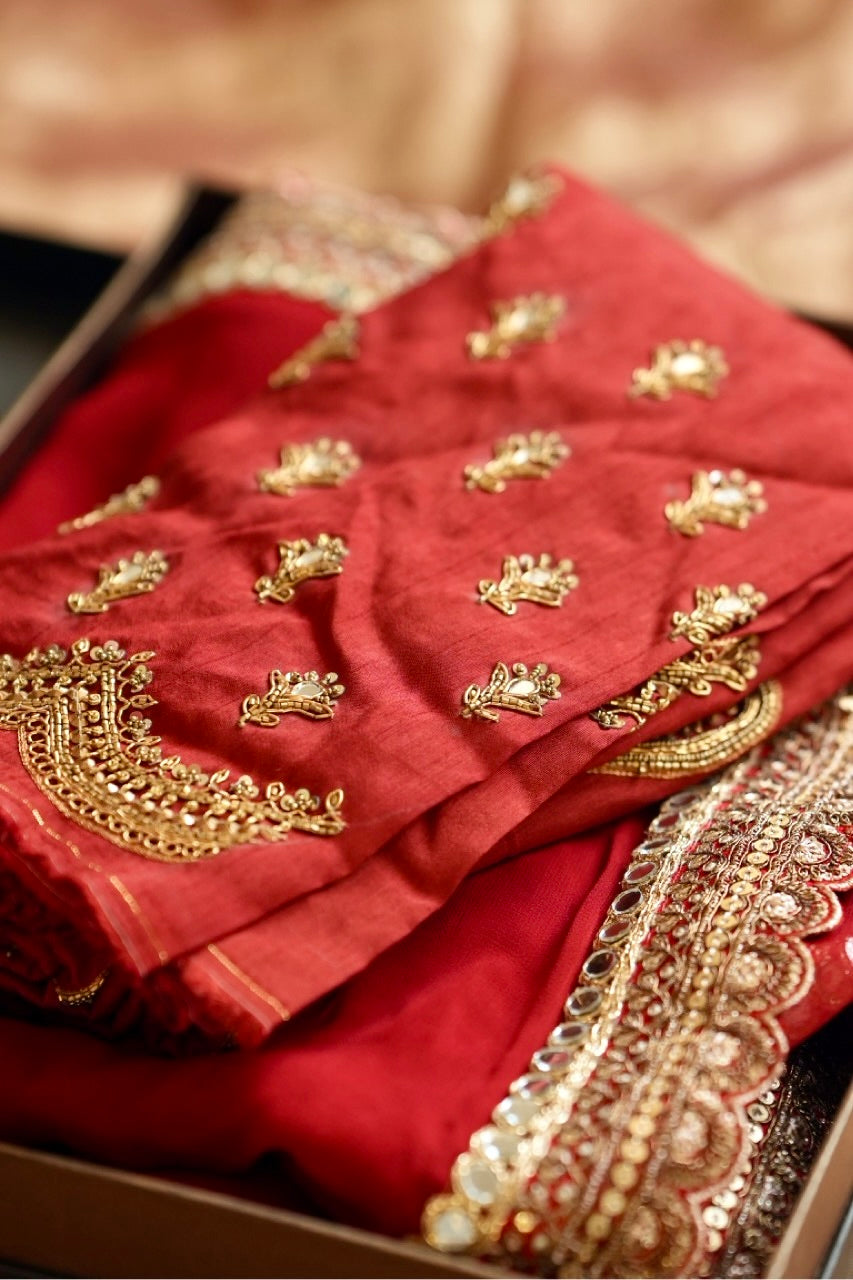 Scarlett: Red Pure Silk Chiffon Saree | Pure Raw Silk Blouse with Handwork