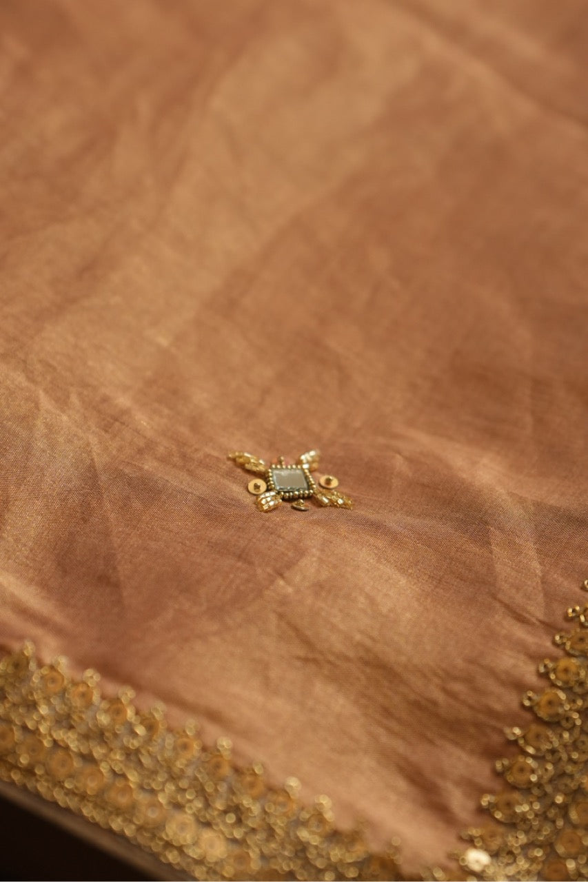 Suhana: Gold Pure Silk Tissue Saree | Pure Silk Green Dupion Blouse