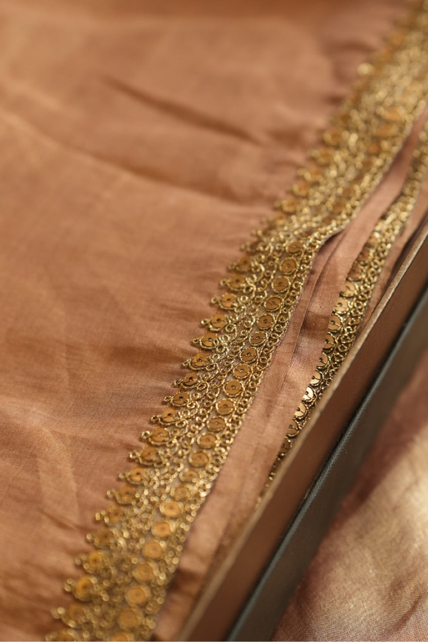 Suhana: Gold Pure Silk Tissue Saree | Pure Silk Green Dupion Blouse