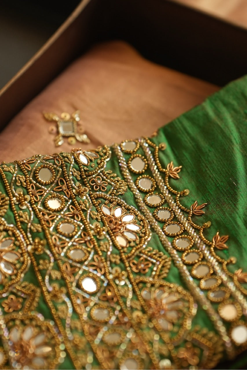 Suhana: Gold Pure Silk Tissue Saree | Pure Silk Green Dupion Blouse
