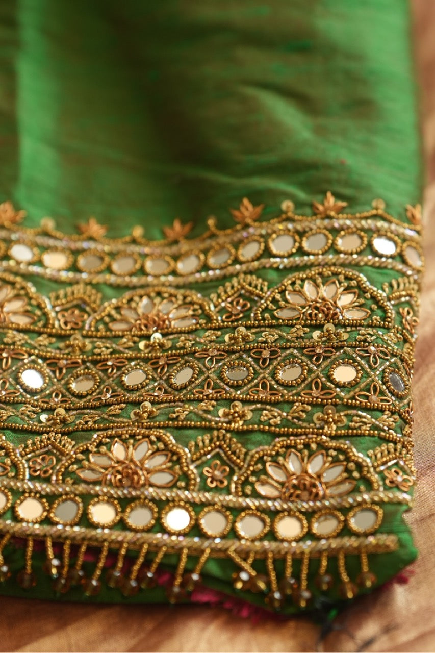 Suhana: Gold Pure Silk Tissue Saree | Pure Silk Green Dupion Blouse