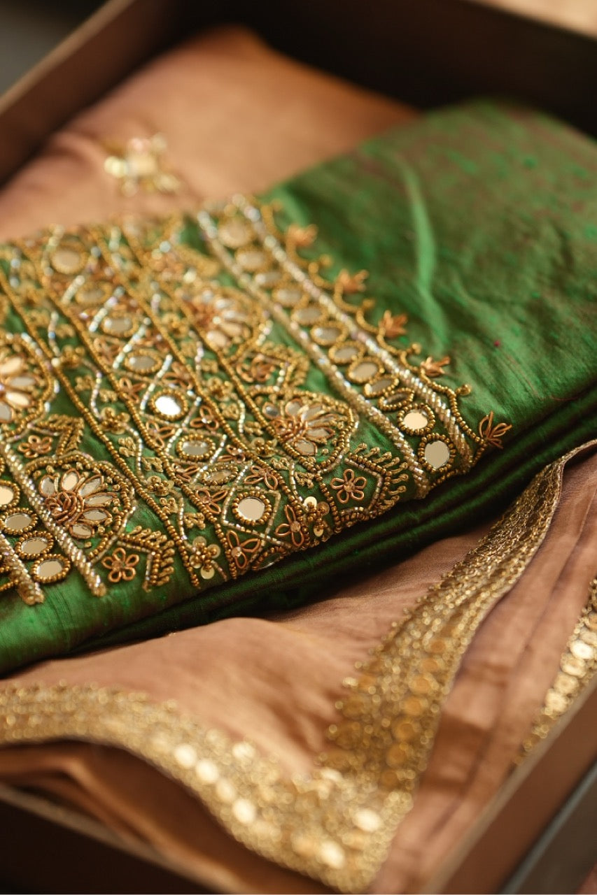 Suhana: Gold Pure Silk Tissue Saree | Pure Silk Green Dupion Blouse