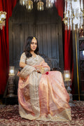 Cherry Blossom: Pink Pure Silk Tissue Saree | Intricate work Gold Raw Silk Blouse