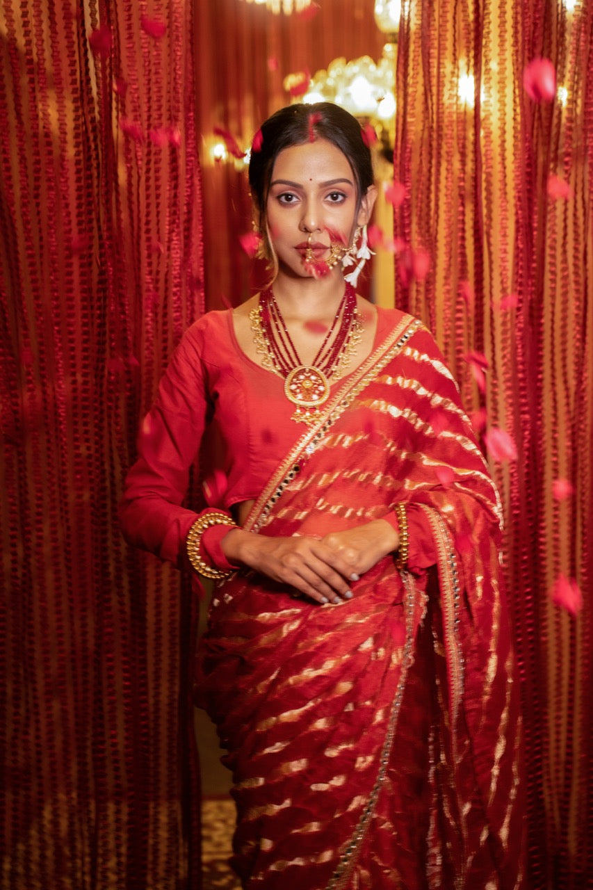 Passion: Red Jute Jacquard Saree | Red Pure Georgette Heavy Embroidered Blouse