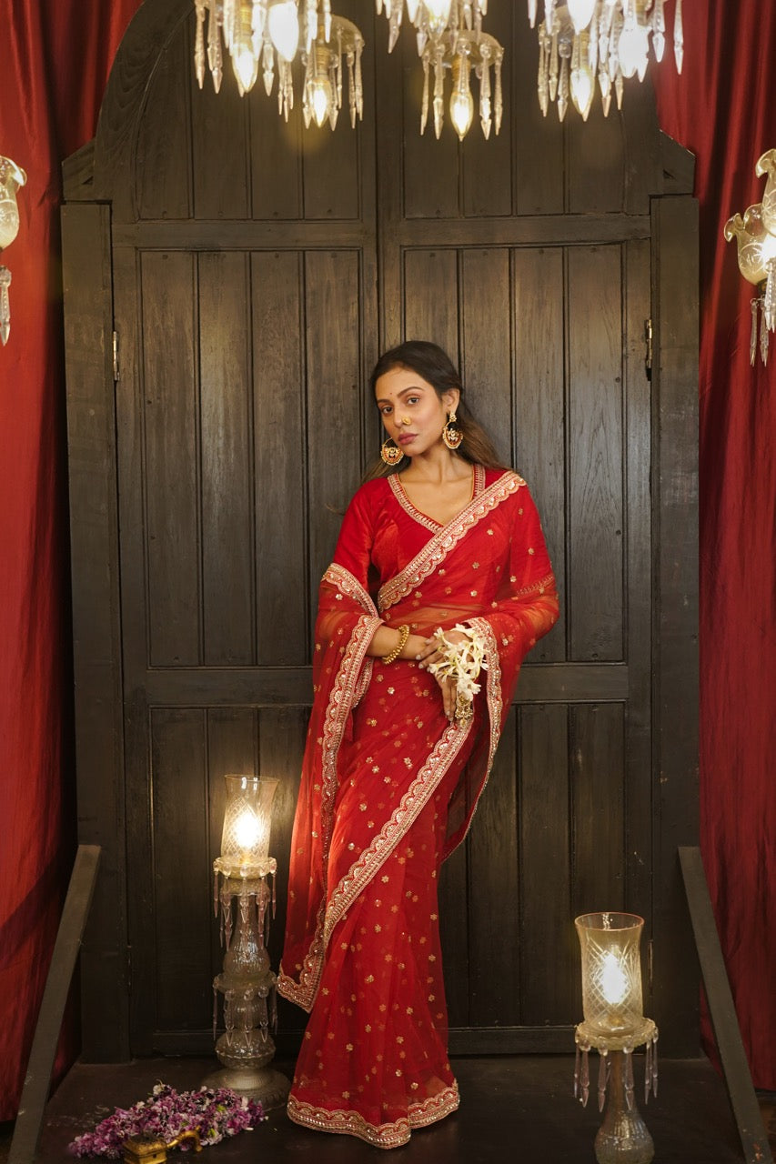Amor: Red Softnet Saree | Red Brocade Blouse