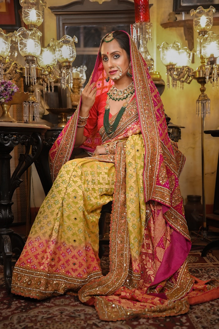 Kashish: Pure Silk Dual Colour Bandhani with Handwork | Self with Handwork